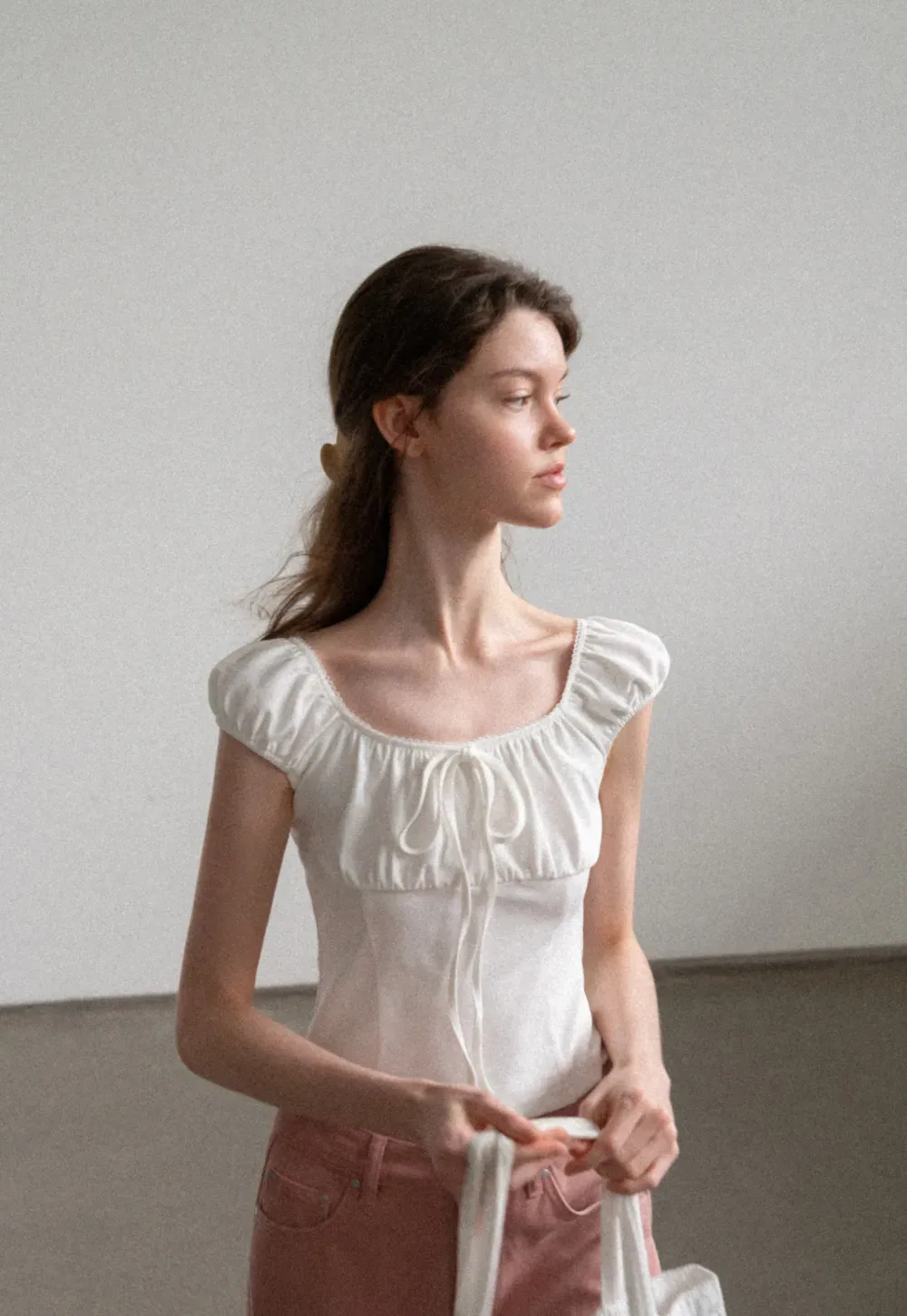 Square Neck Ruffle Sleeve Drawstring Top