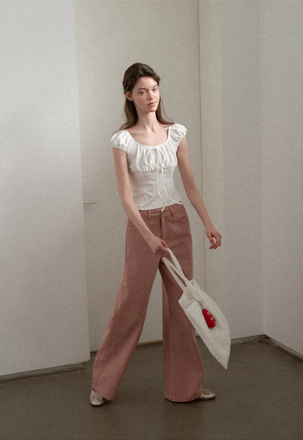 Square Neck Ruffle Sleeve Drawstring Top