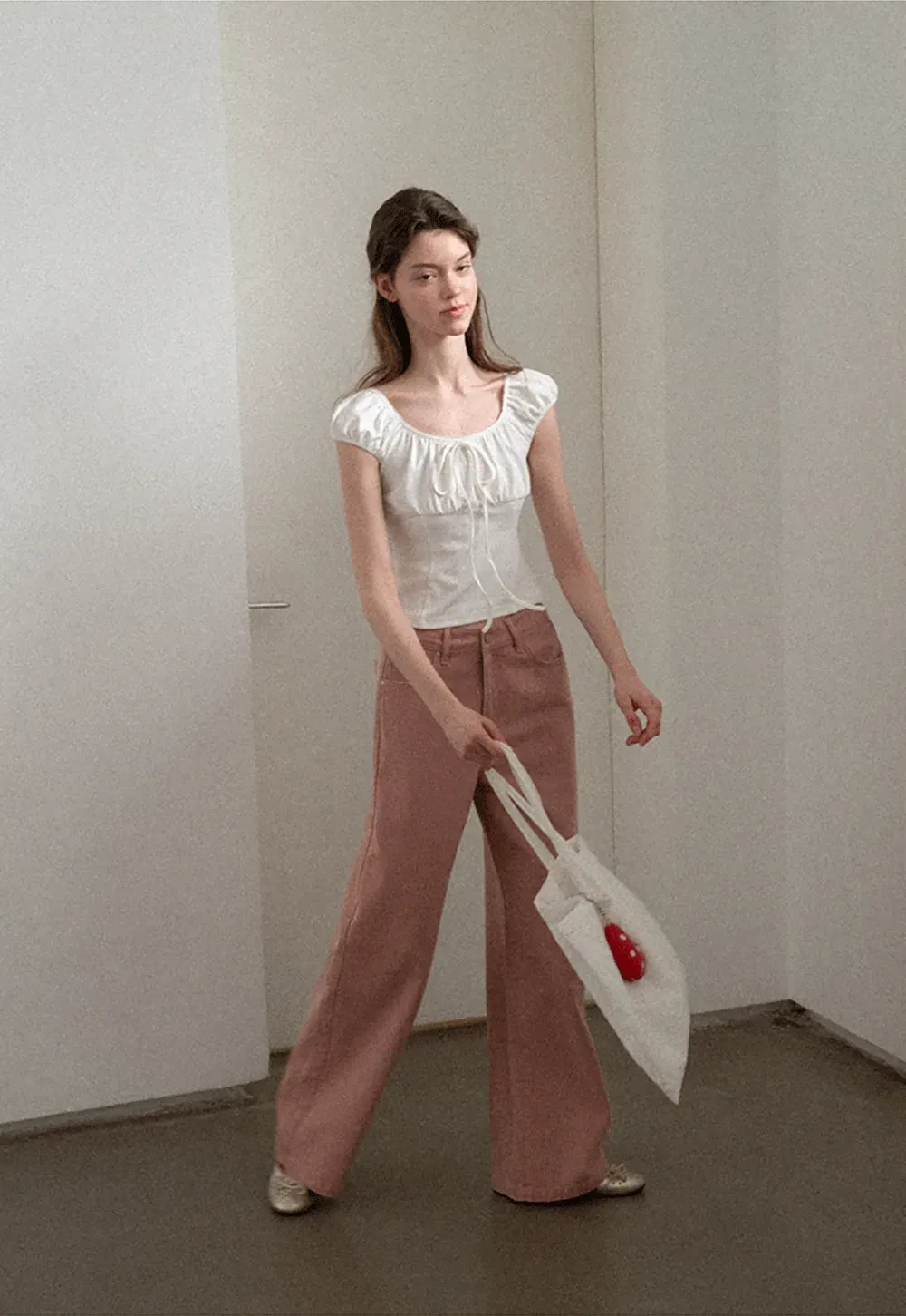 Square Neck Ruffle Sleeve Drawstring Top