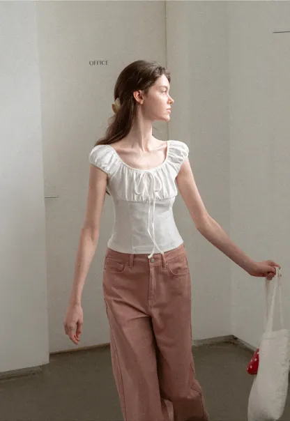 Square Neck Ruffle Sleeve Drawstring Top