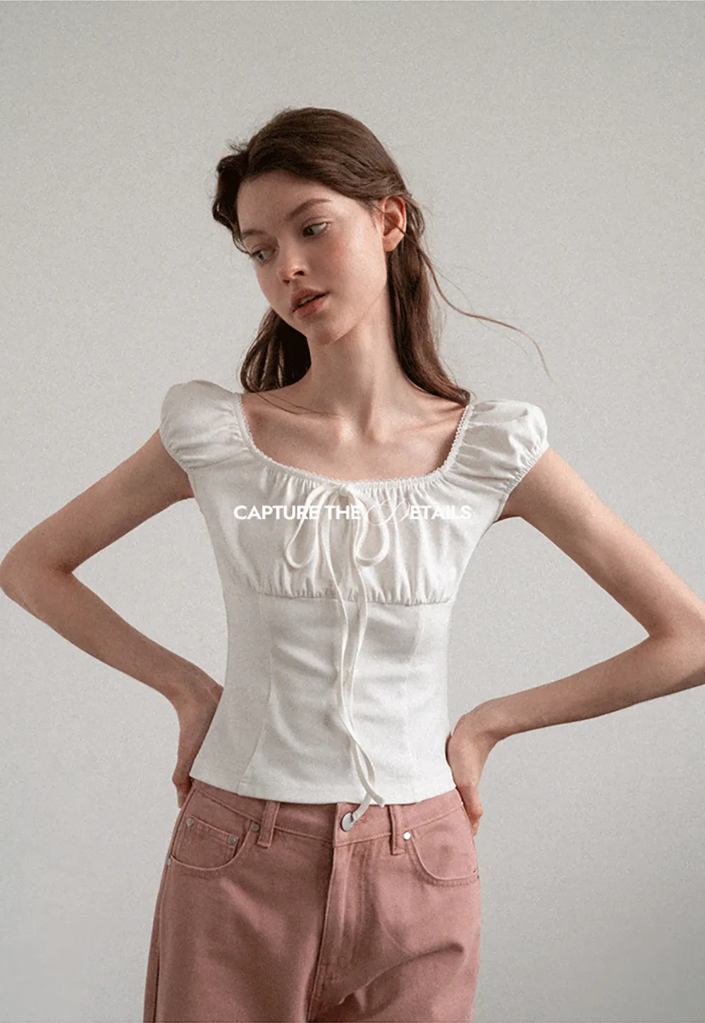 Square Neck Ruffle Sleeve Drawstring Top