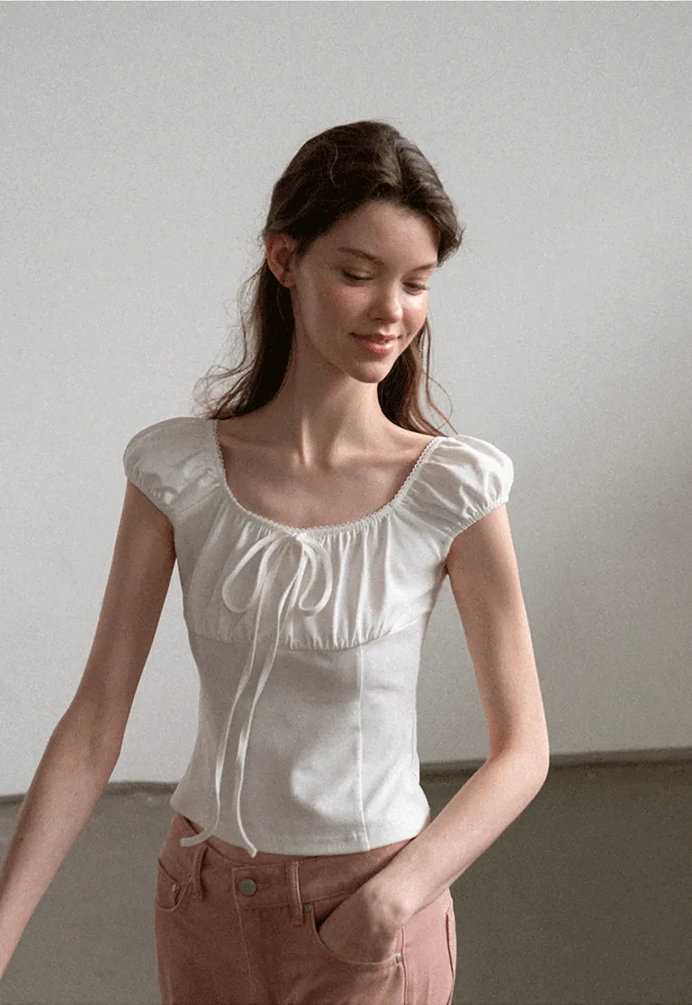 Square Neck Ruffle Sleeve Drawstring Top