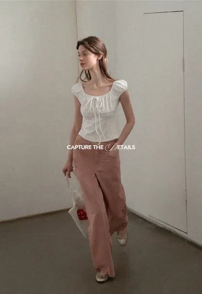 Square Neck Ruffle Sleeve Drawstring Top