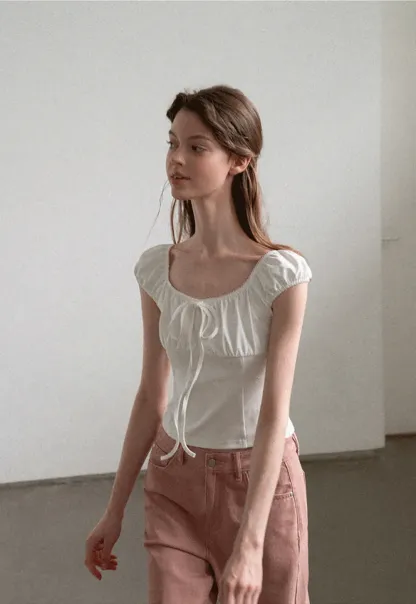 Square Neck Ruffle Sleeve Drawstring Top