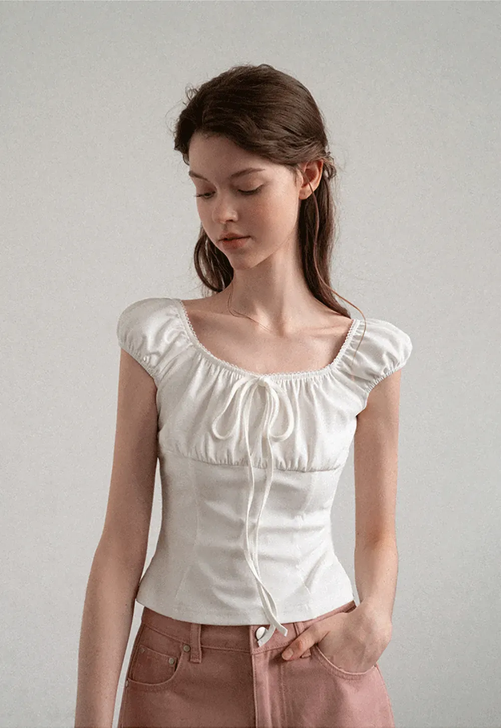 Square Neck Ruffle Sleeve Drawstring Top