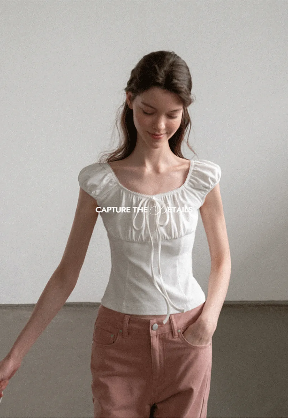 Square Neck Ruffle Sleeve Drawstring Top