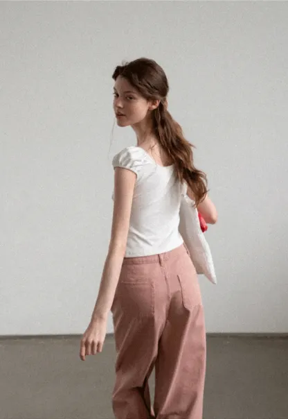 Square Neck Ruffle Sleeve Drawstring Top