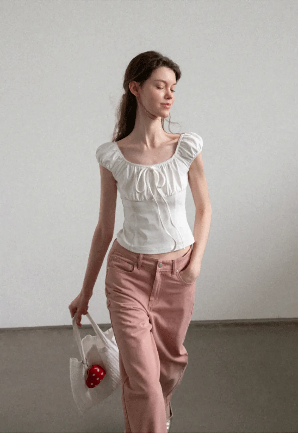 Square Neck Ruffle Sleeve Drawstring Top