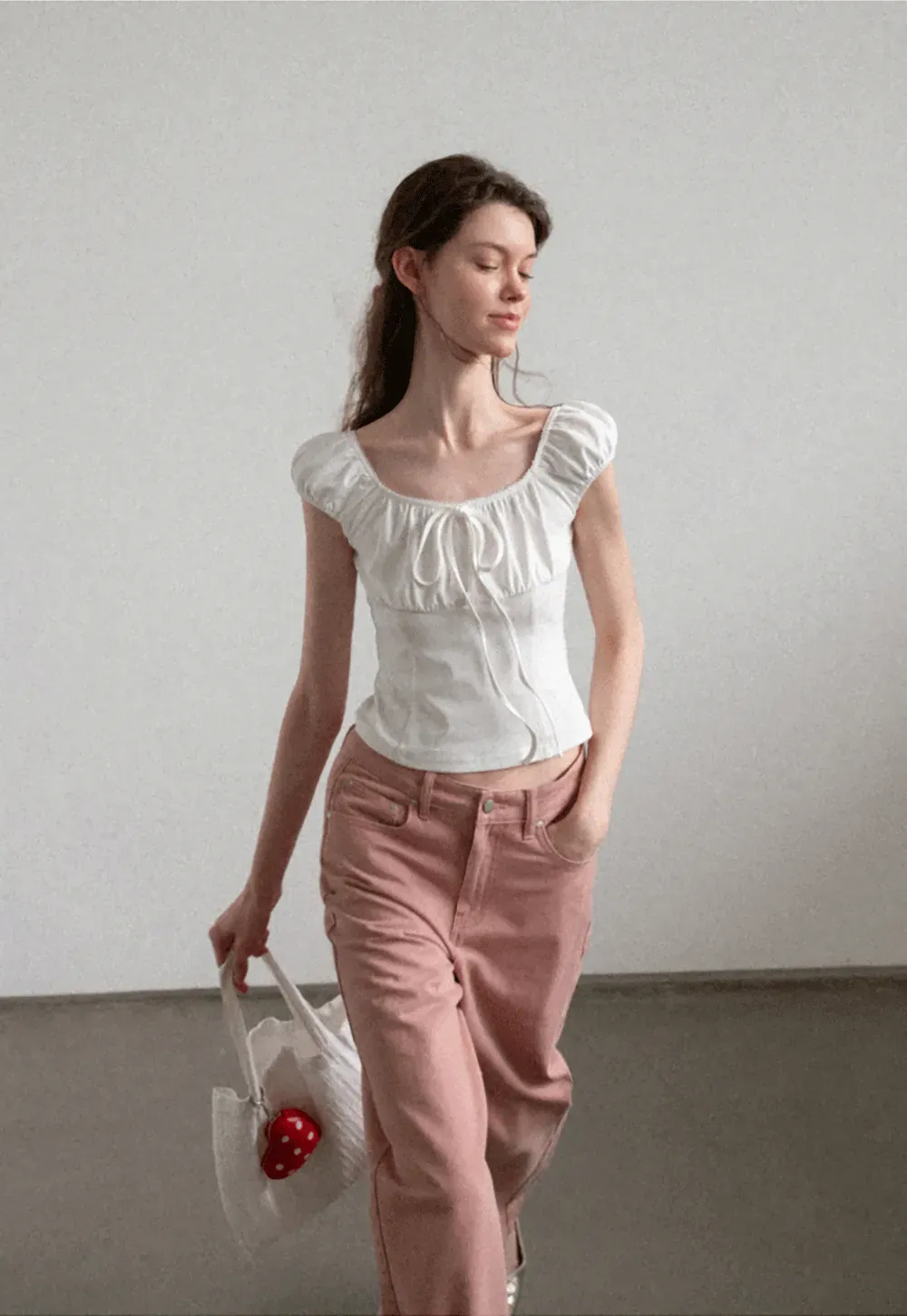 Square Neck Ruffle Sleeve Drawstring Top