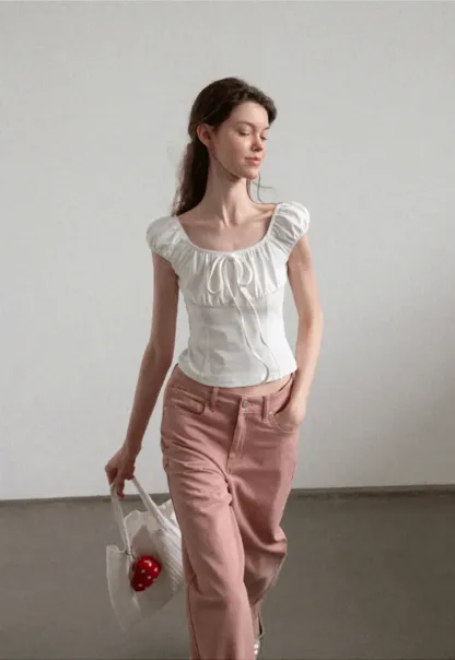 Square Neck Ruffle Sleeve Drawstring Top