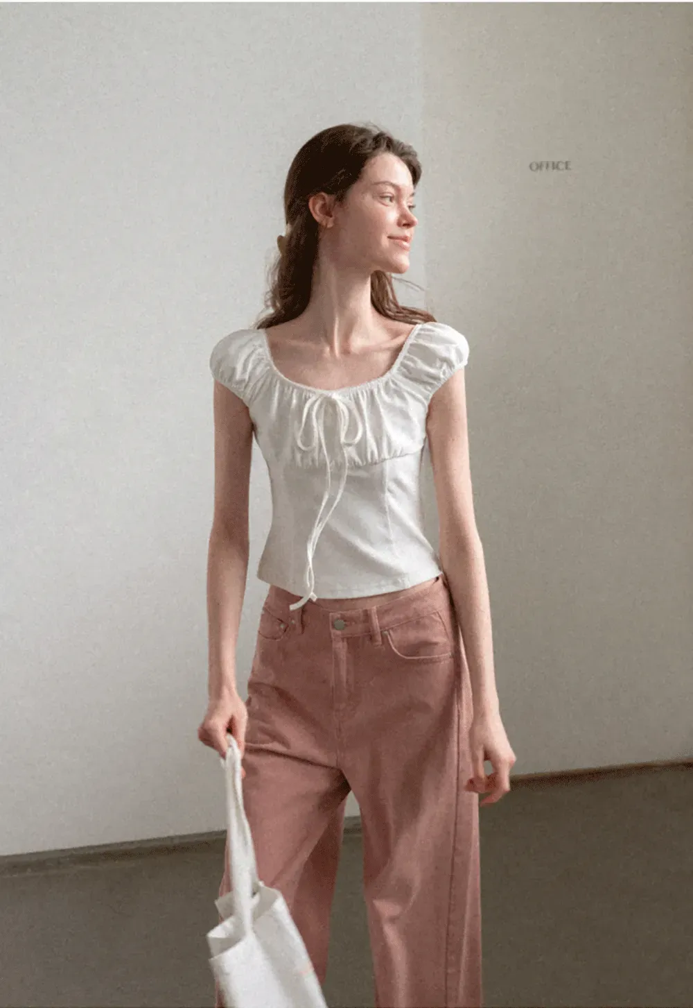 Square Neck Ruffle Sleeve Drawstring Top