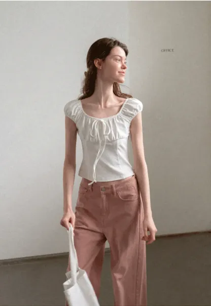 Square Neck Ruffle Sleeve Drawstring Top