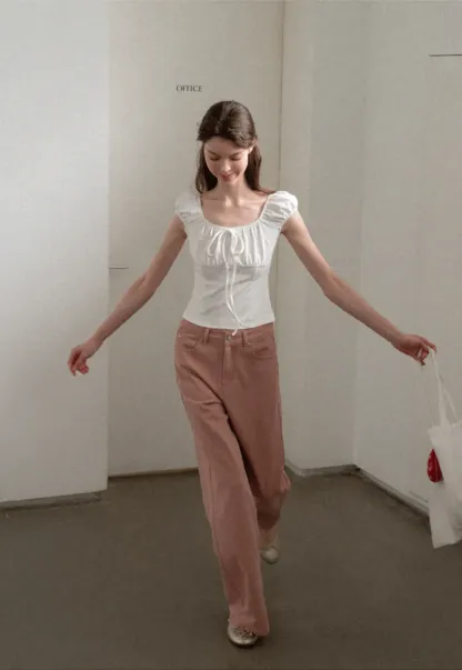 Square Neck Ruffle Sleeve Drawstring Top