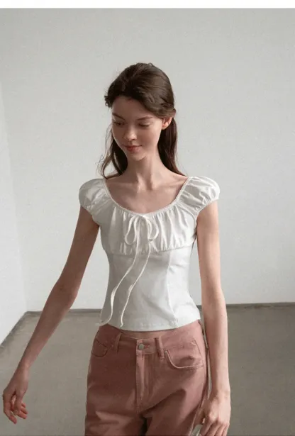 Square Neck Ruffle Sleeve Drawstring Top