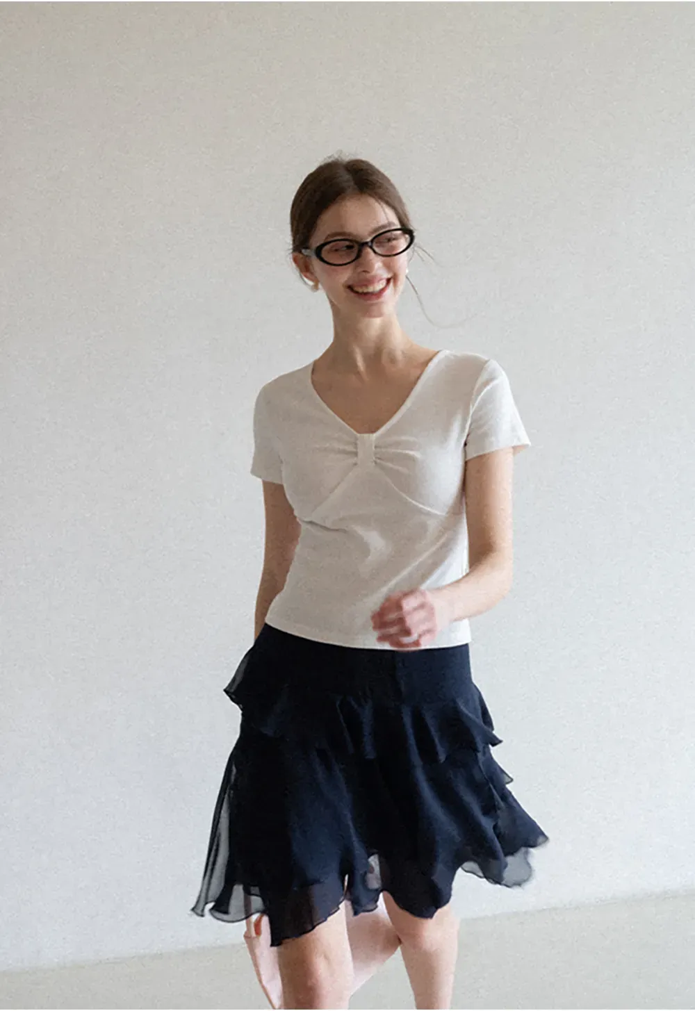 V neck short sleeve top with front knot detail