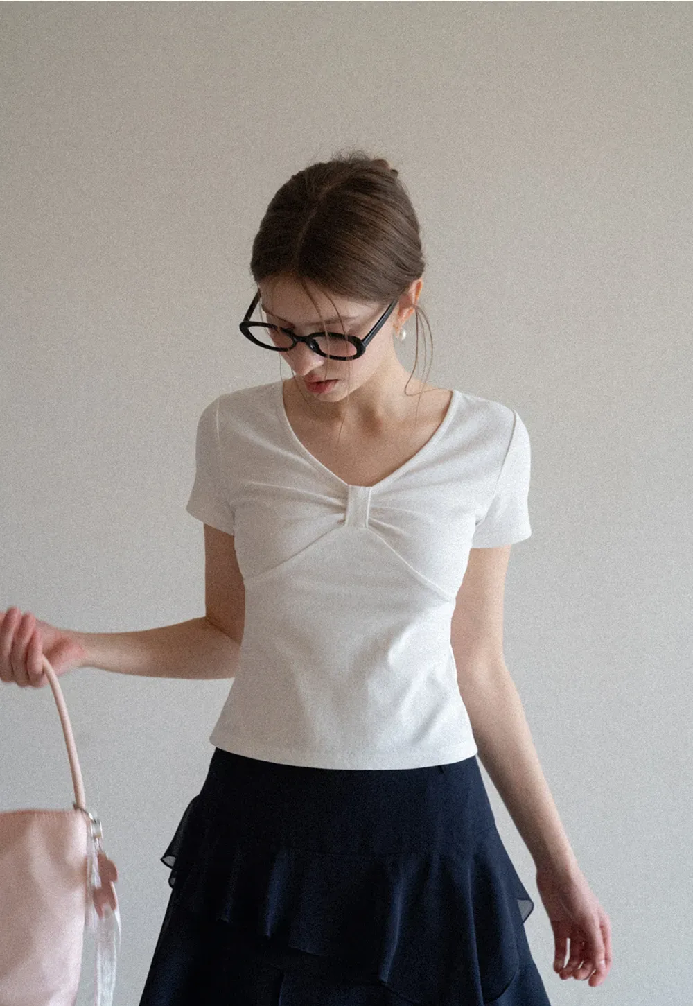 V neck short sleeve top with front knot detail