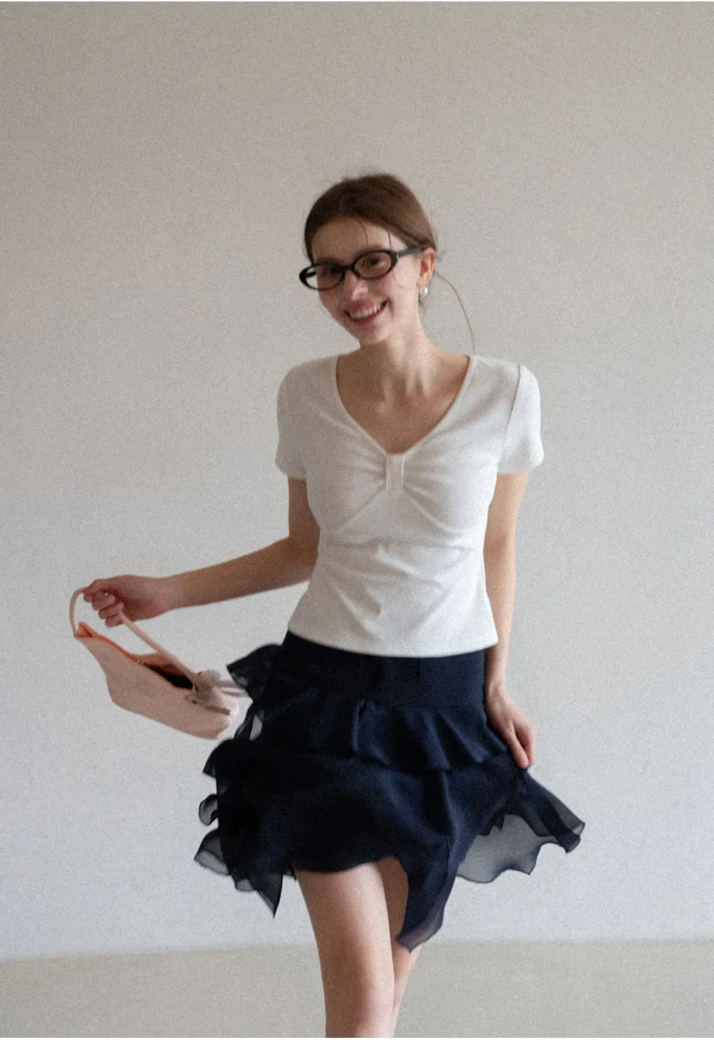 V neck short sleeve top with front knot detail