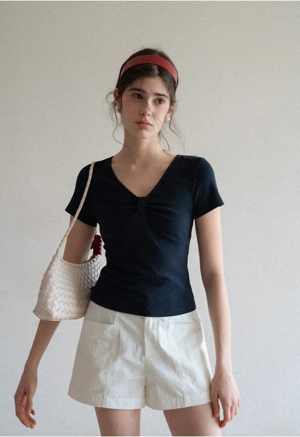 V neck short sleeve top with front knot detail