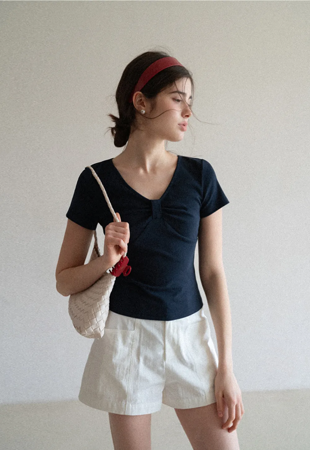 V neck short sleeve top with front knot detail