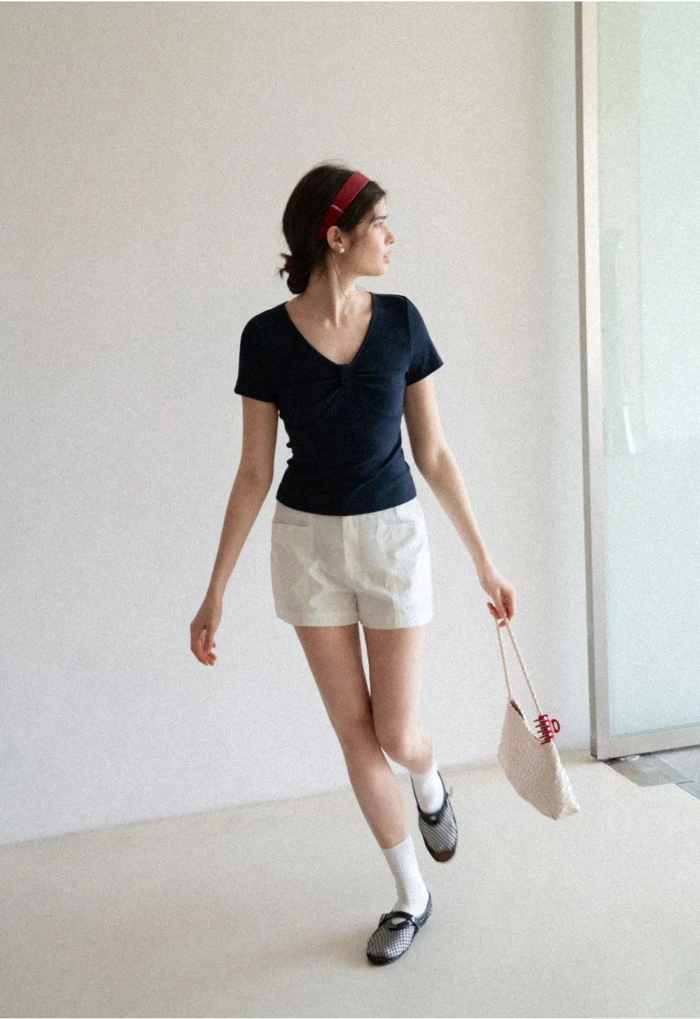 V neck short sleeve top with front knot detail