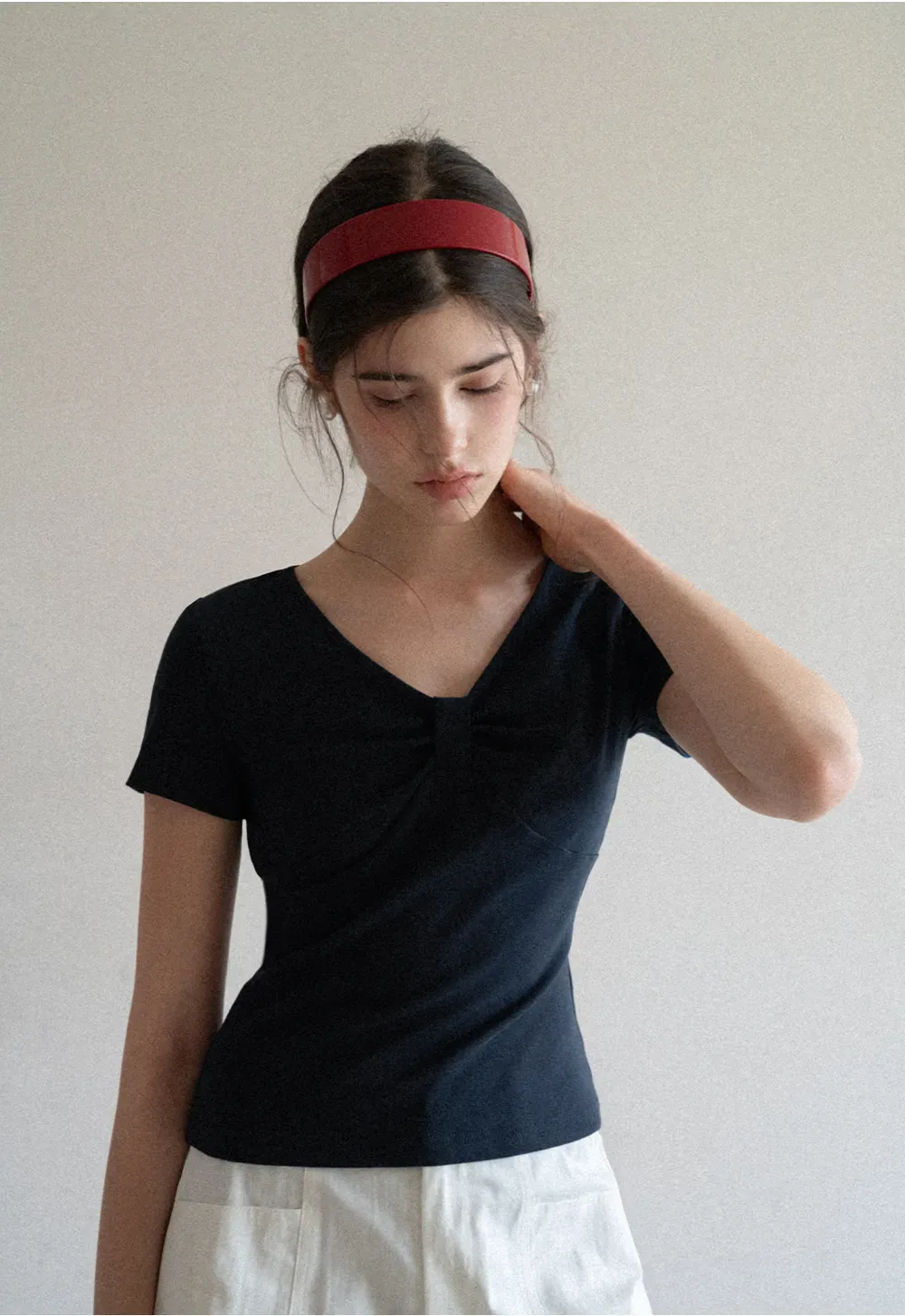 V neck short sleeve top with front knot detail