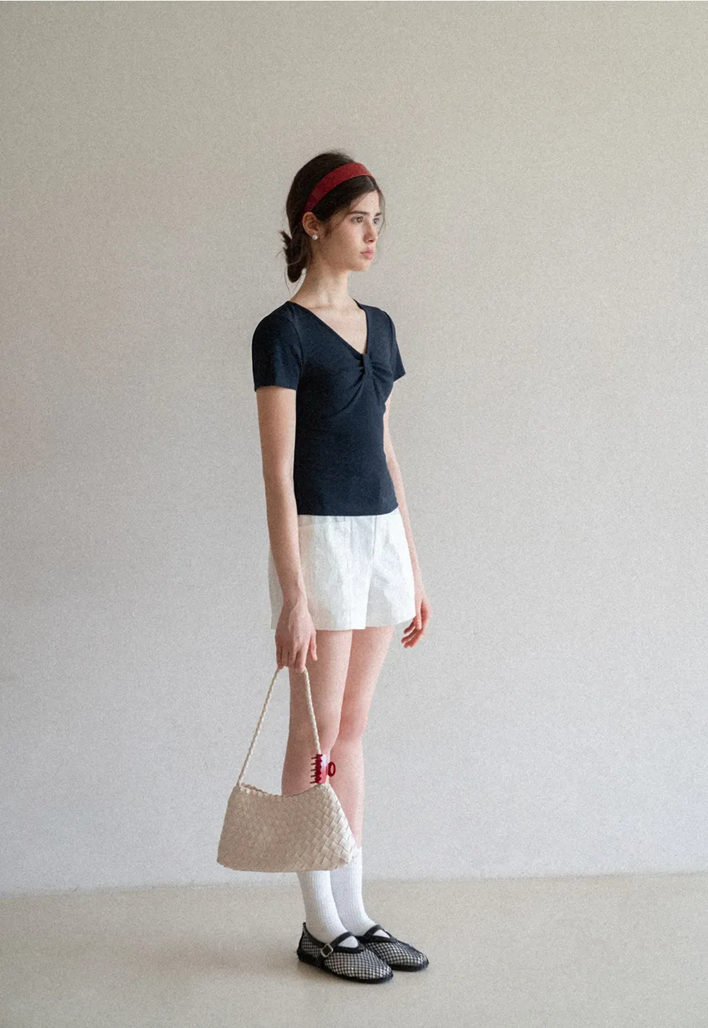 V neck short sleeve top with front knot detail