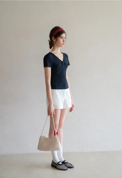 V neck short sleeve top with front knot detail