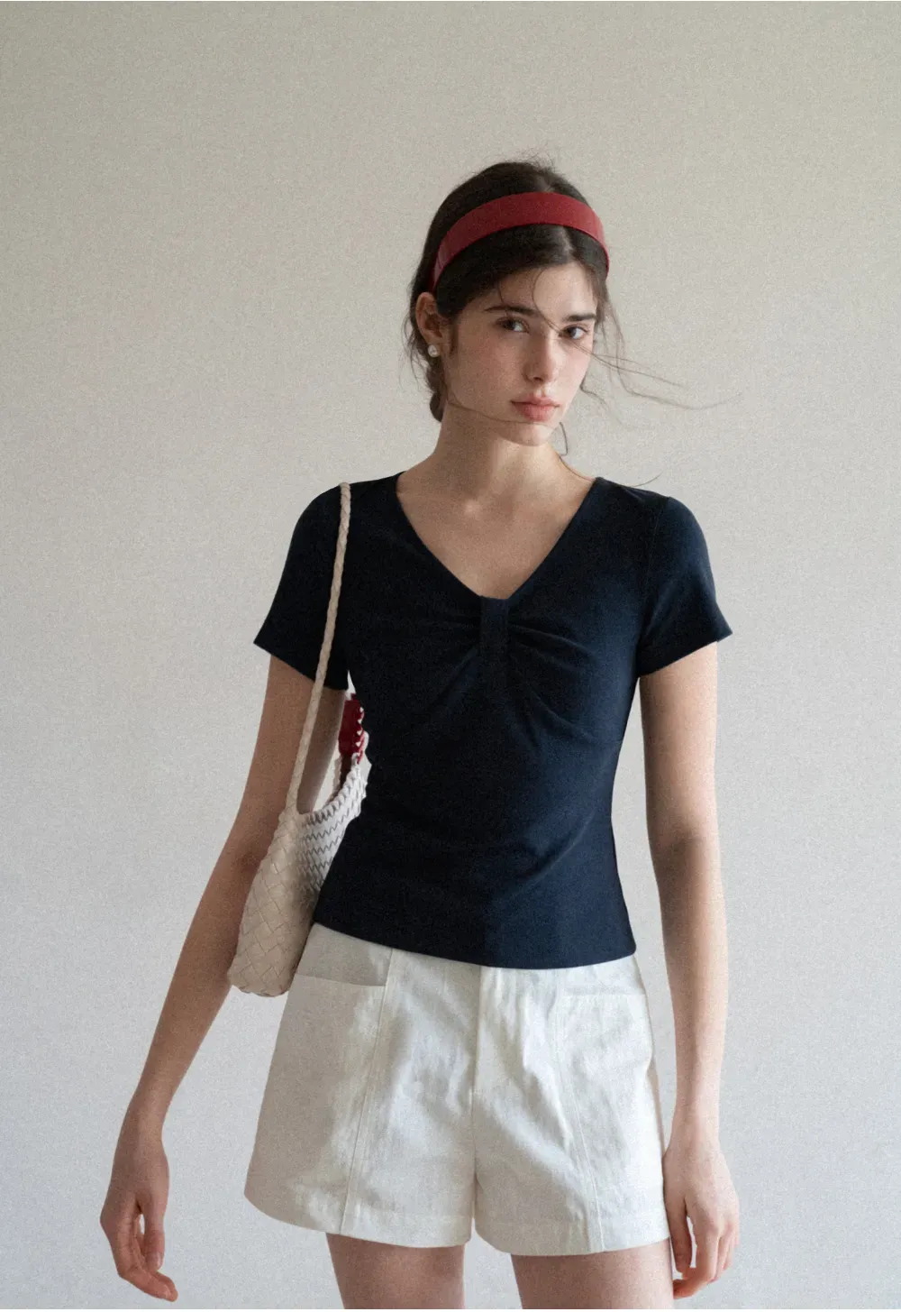 V neck short sleeve top with front knot detail