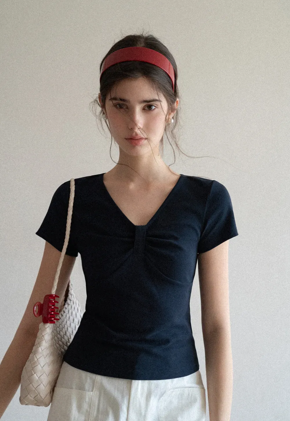 V neck short sleeve top with front knot detail