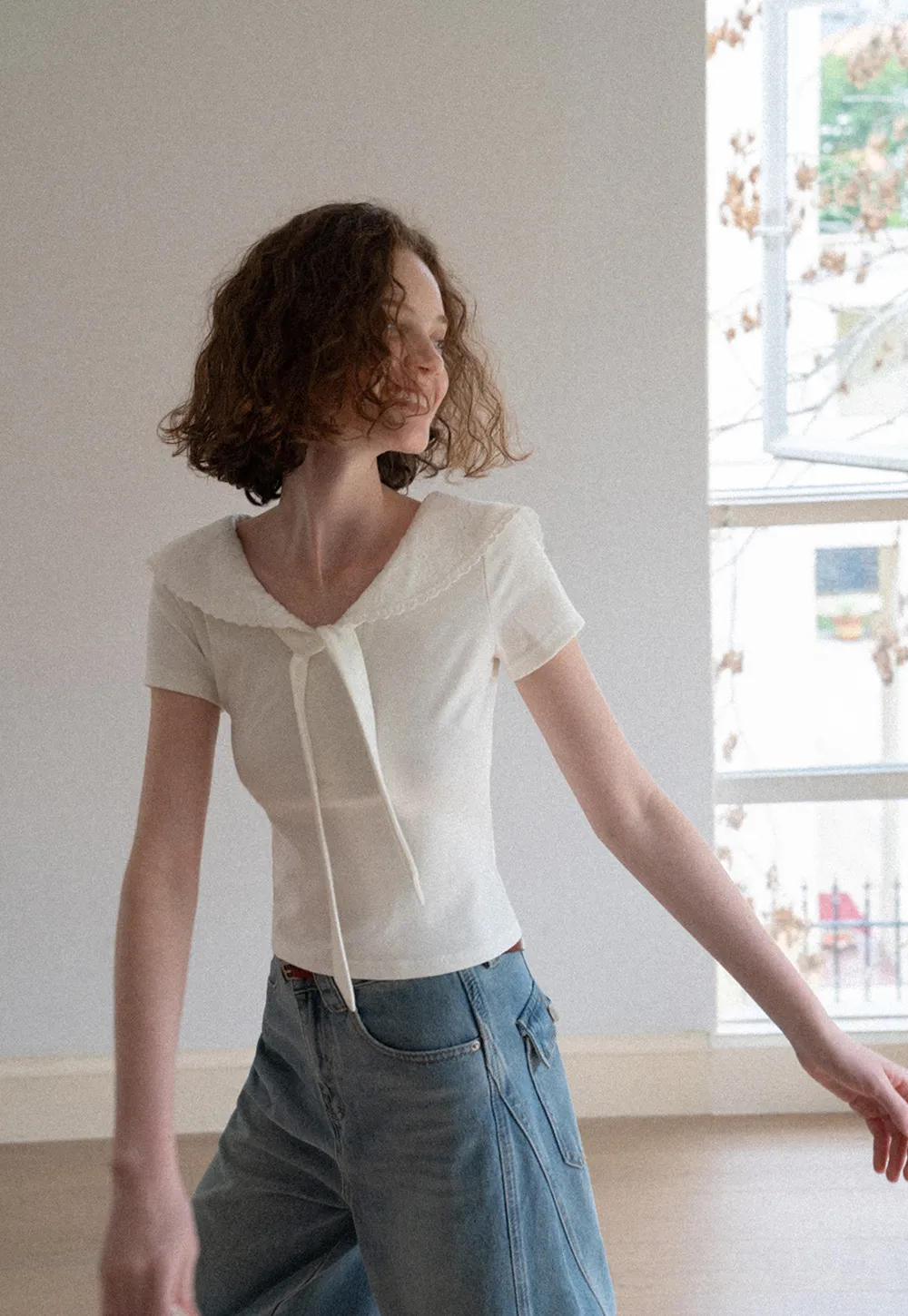 Scalloped Collar Tie Front Short Sleeve T Shirt