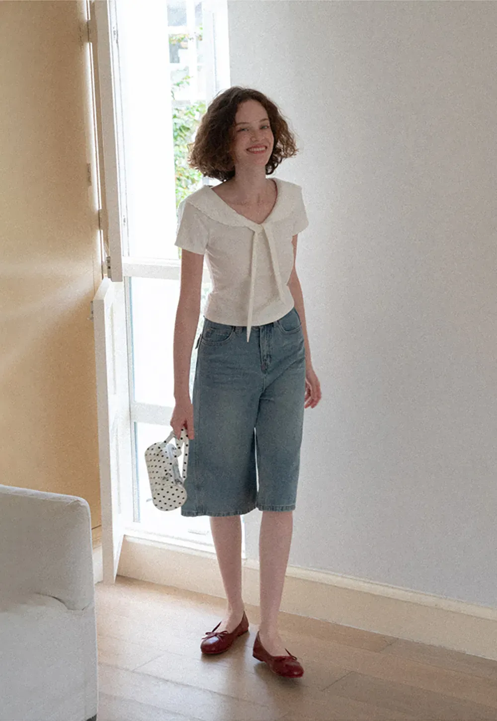 Scalloped Collar Tie Front Short Sleeve T Shirt