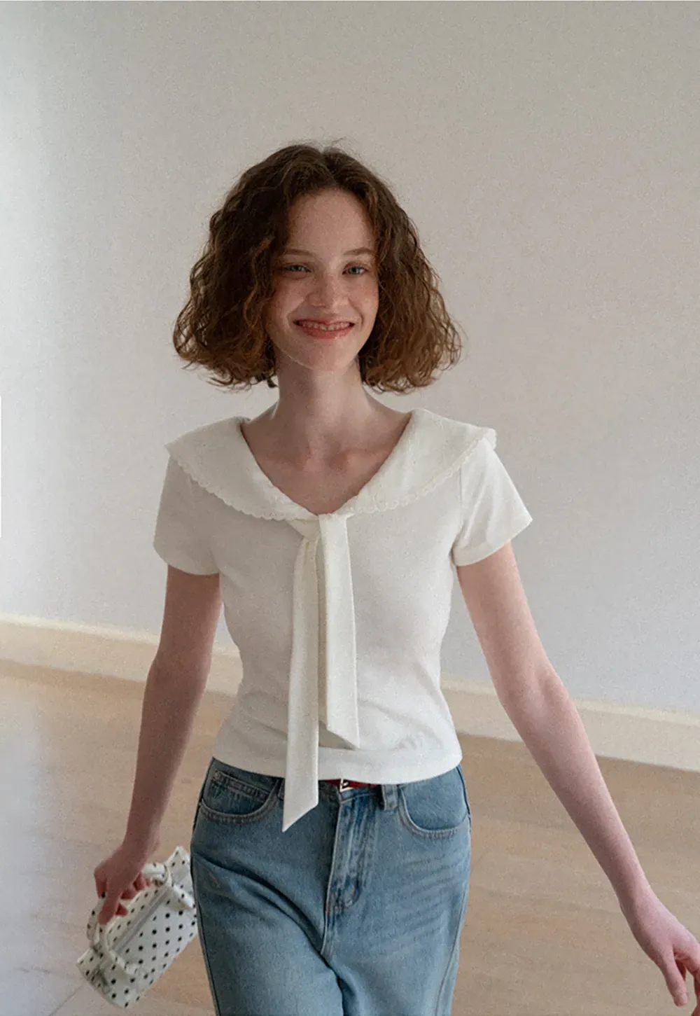 Scalloped Collar Tie Front Short Sleeve T Shirt