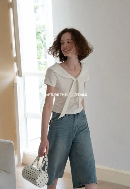 Scalloped Collar Tie Front Short Sleeve T Shirt