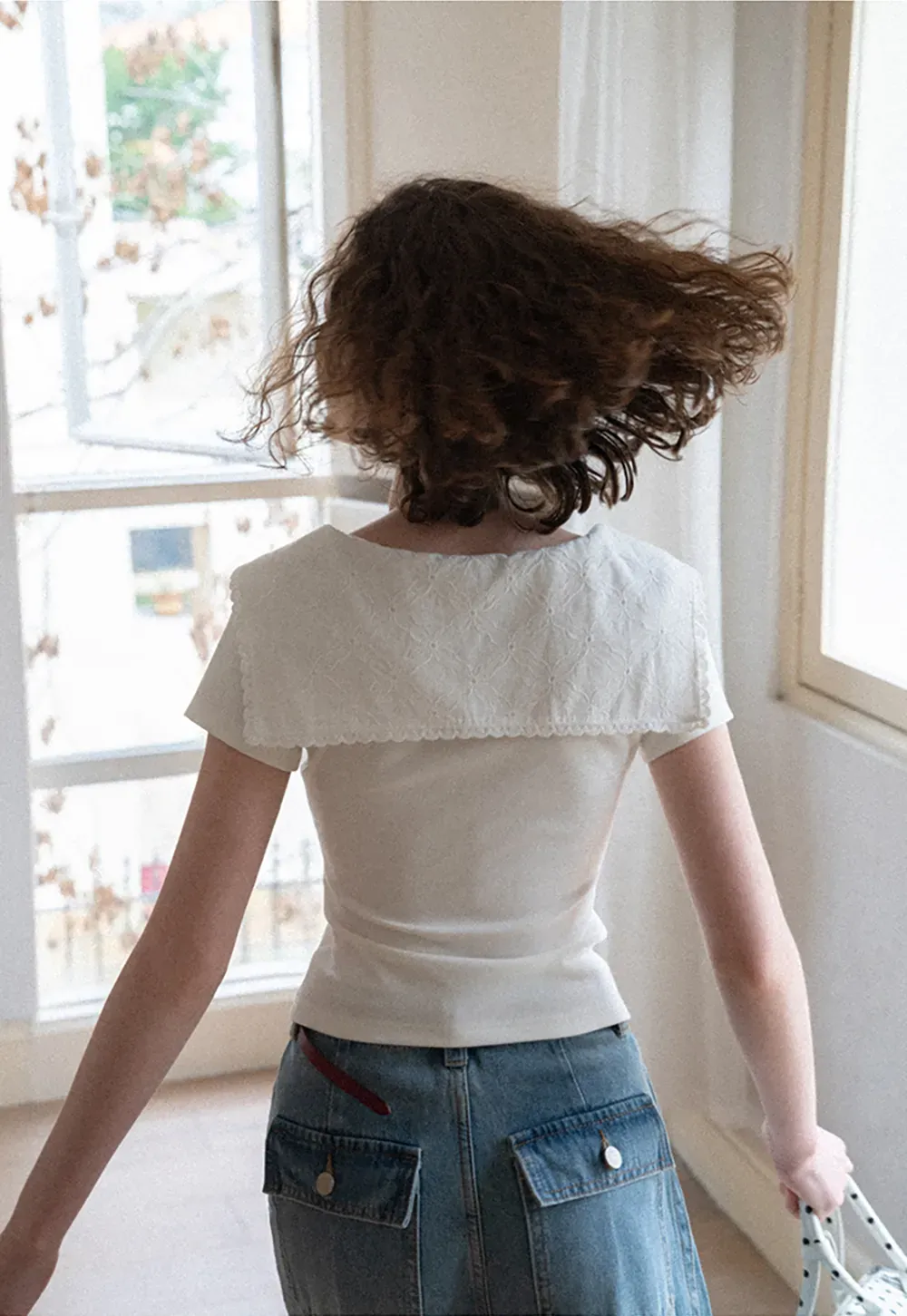 Scalloped Collar Tie Front Short Sleeve T Shirt