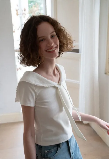 Scalloped Collar Tie Front Short Sleeve T Shirt