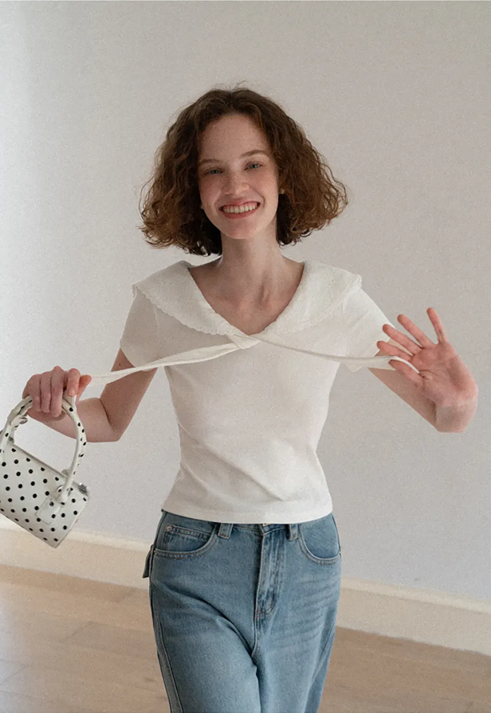 Scalloped Collar Tie Front Short Sleeve T Shirt