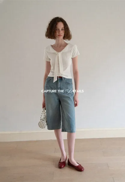 Scalloped Collar Tie Front Short Sleeve T Shirt