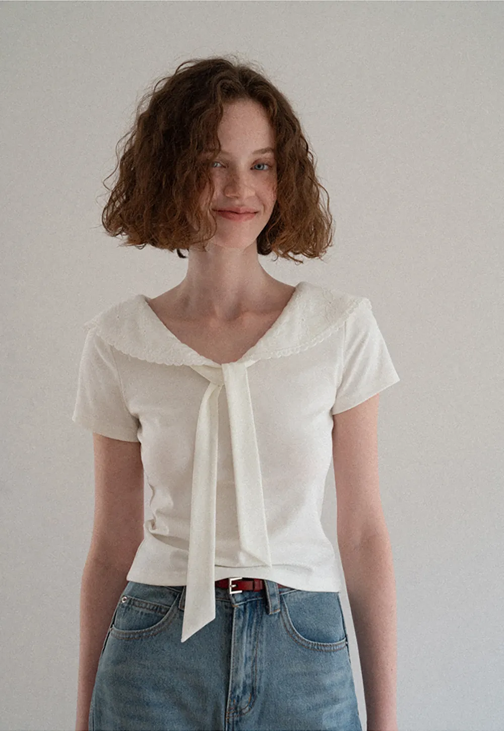 Scalloped Collar Tie Front Short Sleeve T Shirt