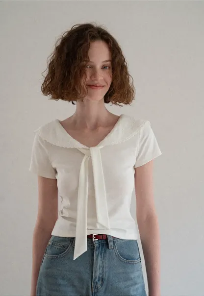 Scalloped Collar Tie Front Short Sleeve T Shirt