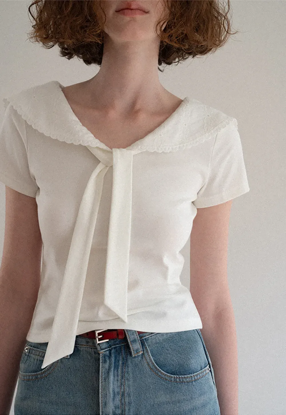 Scalloped Collar Tie Front Short Sleeve T Shirt