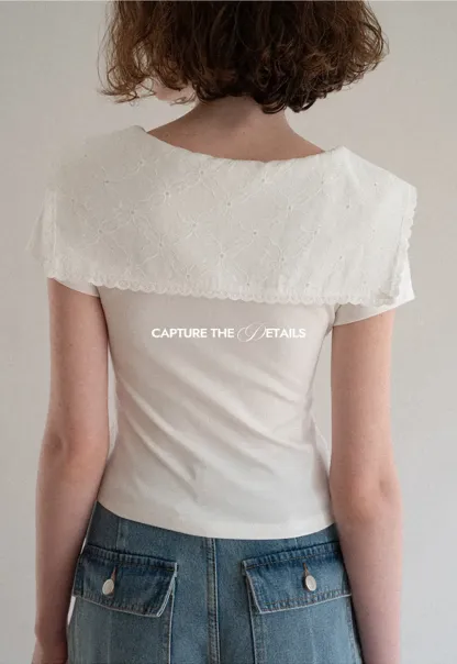 Scalloped Collar Tie Front Short Sleeve T Shirt