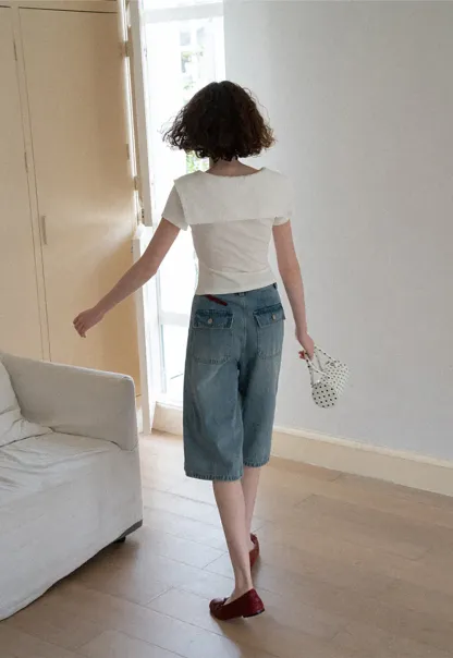 Scalloped Collar Tie Front Short Sleeve T Shirt