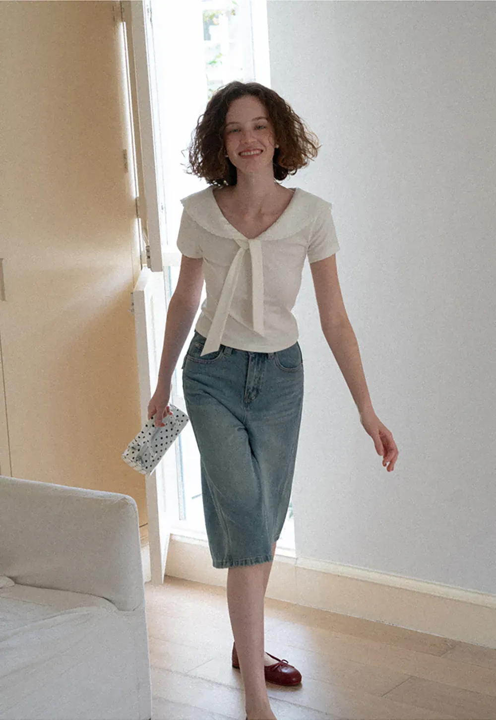 Scalloped Collar Tie Front Short Sleeve T Shirt