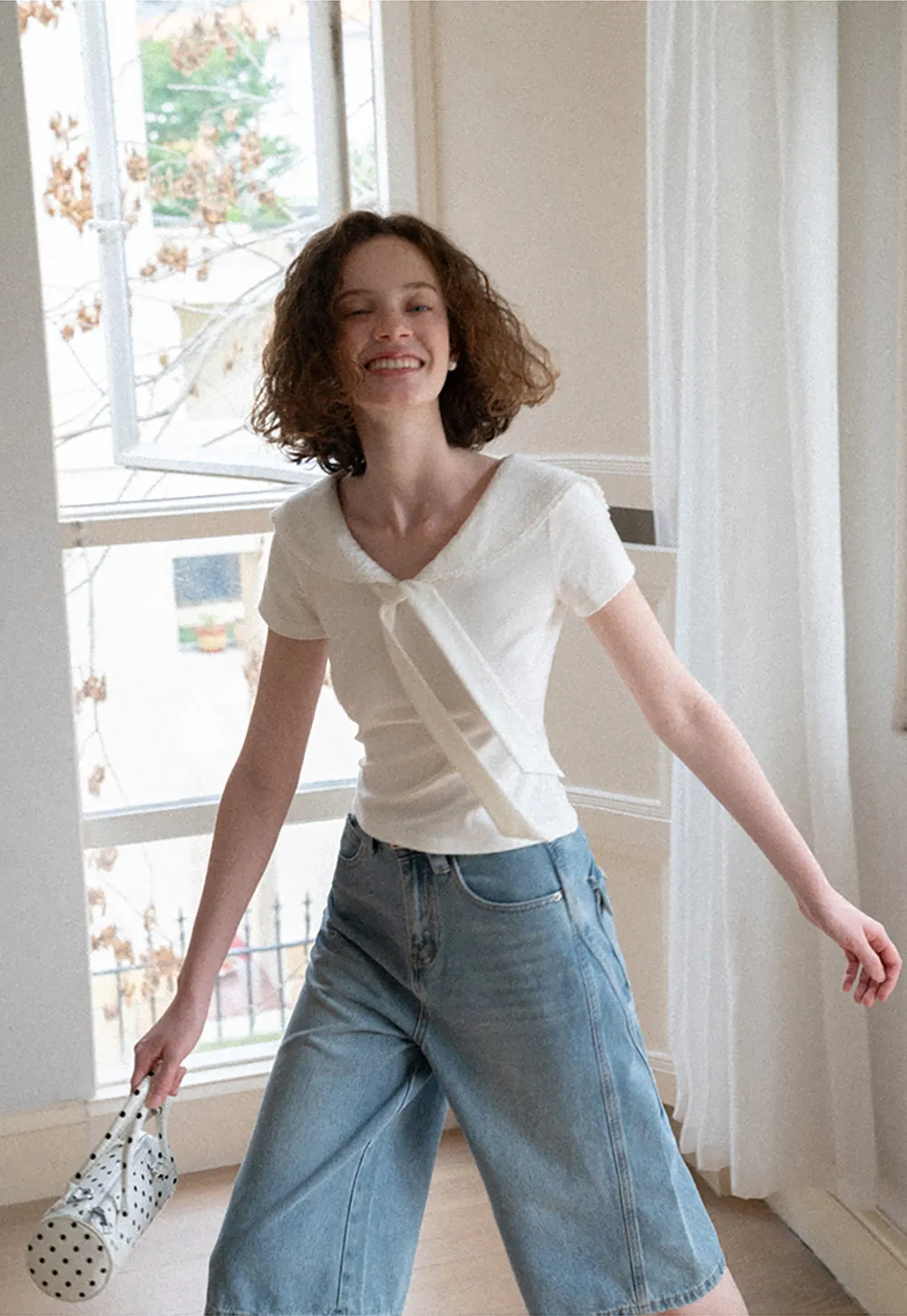 Scalloped Collar Tie Front Short Sleeve T Shirt