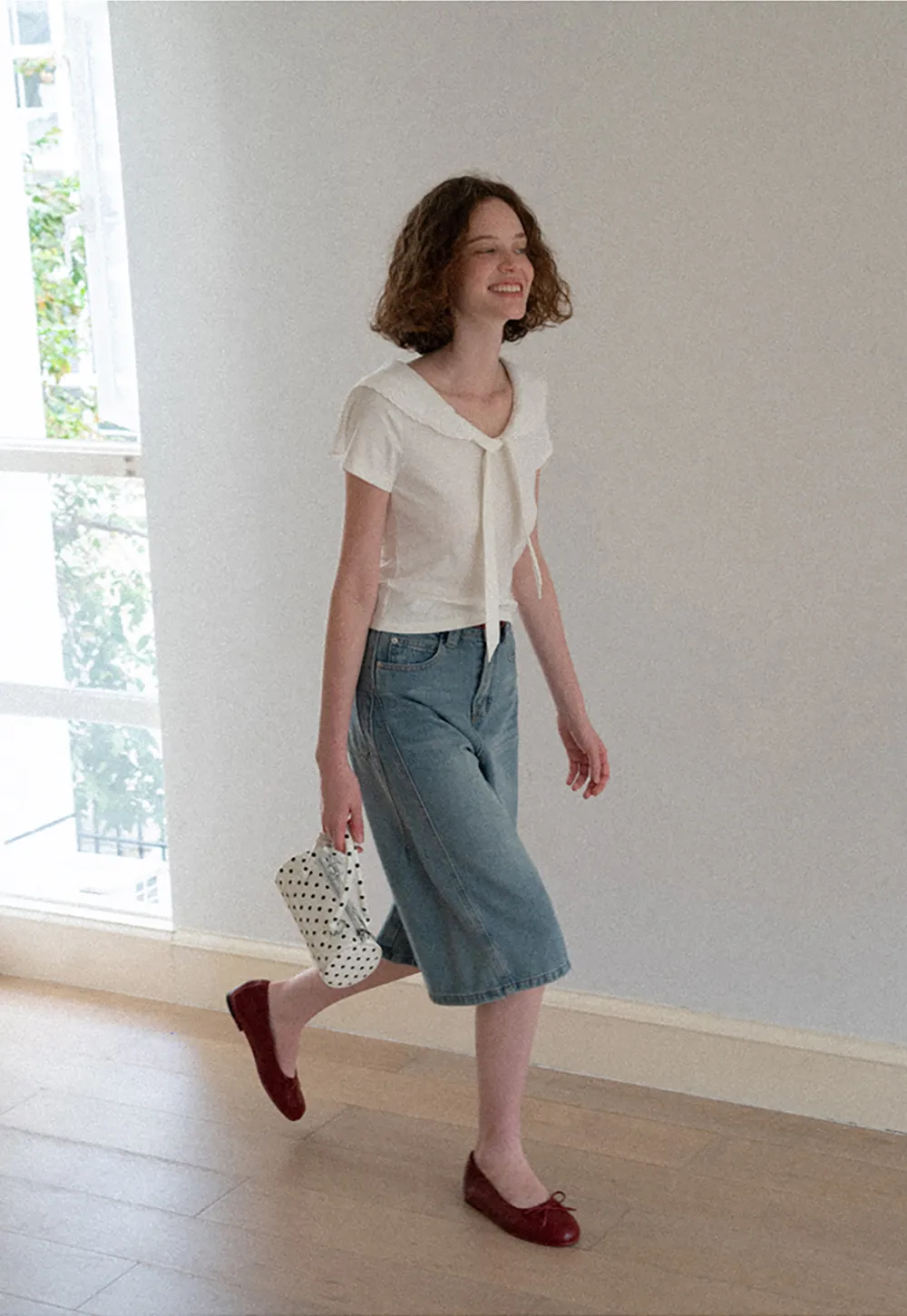 Scalloped Collar Tie Front Short Sleeve T Shirt