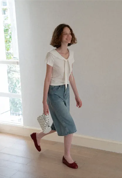 Scalloped Collar Tie Front Short Sleeve T Shirt