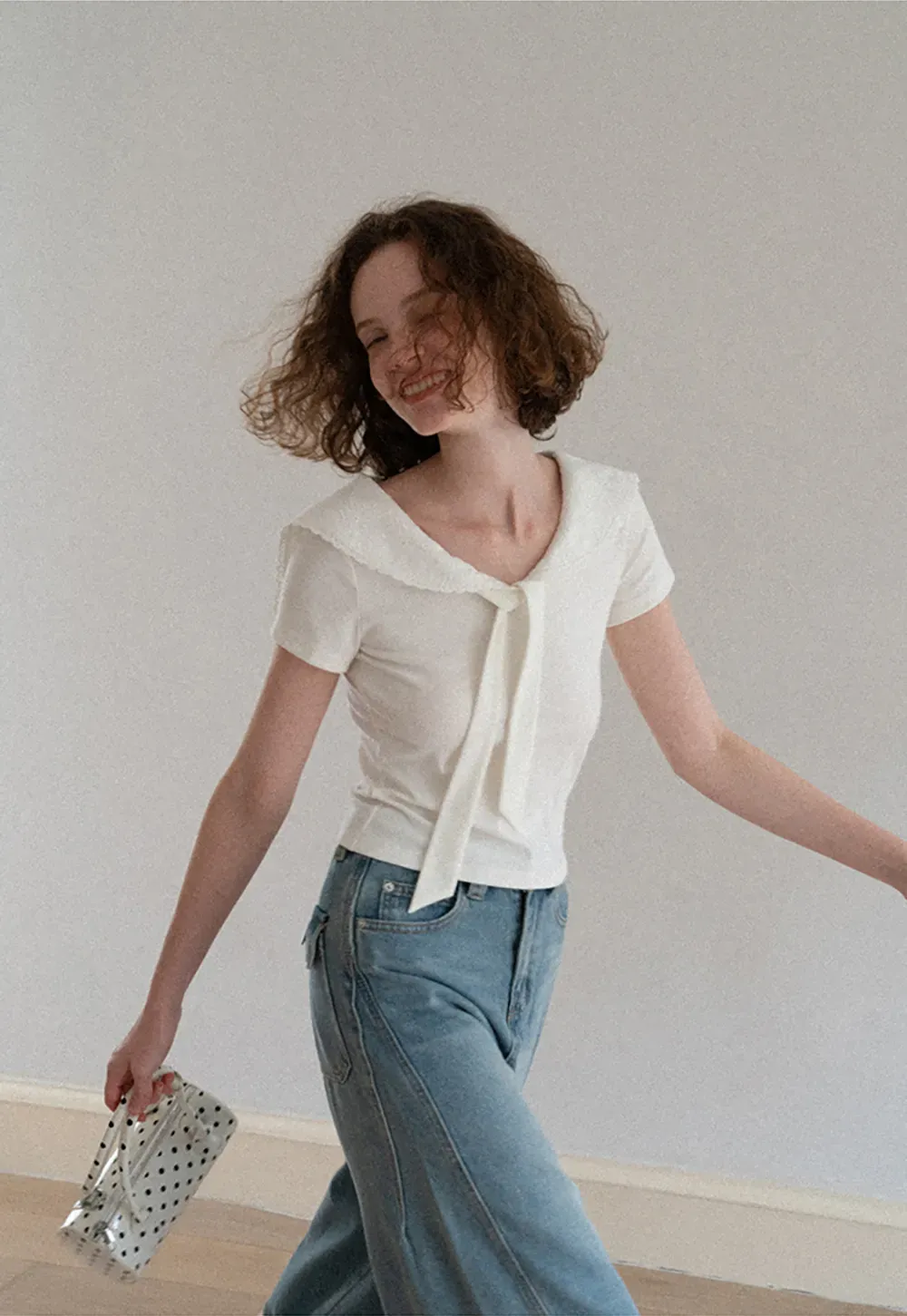 Scalloped Collar Tie Front Short Sleeve T Shirt