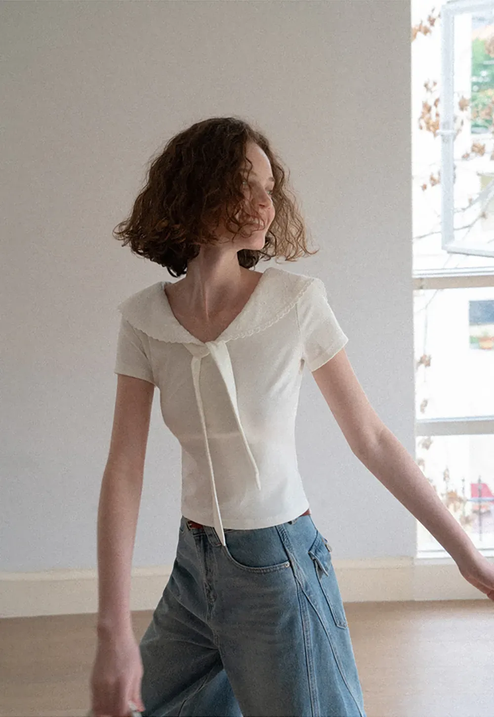 Scalloped Collar Tie Front Short Sleeve T Shirt