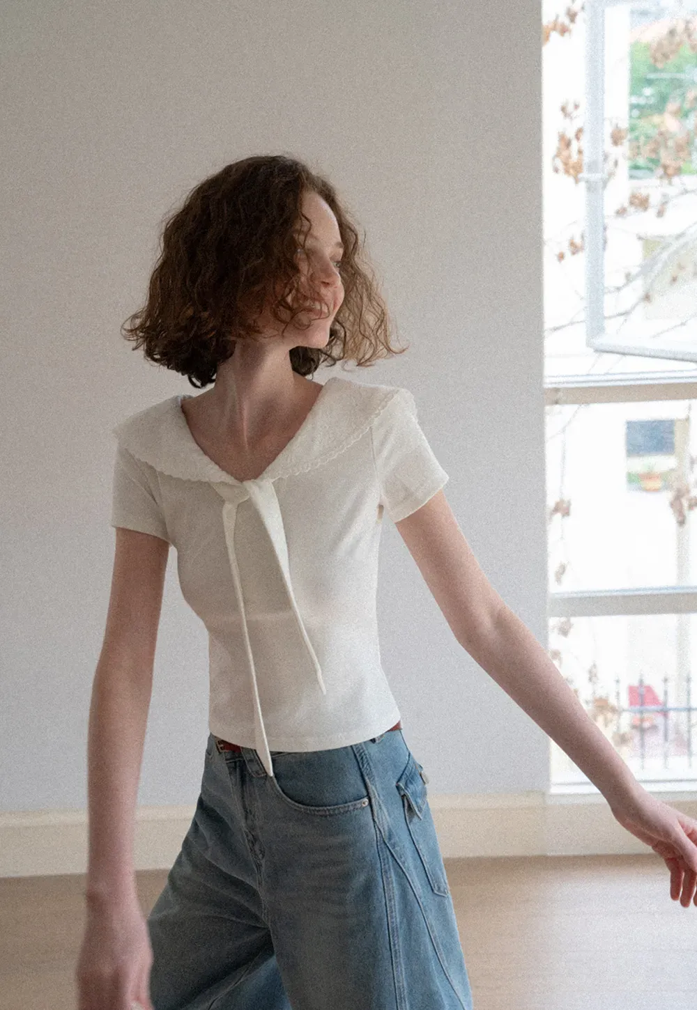 Scalloped Collar Tie Front Short Sleeve T Shirt