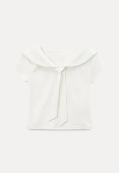 Scalloped Collar Tie Front Short Sleeve T Shirt